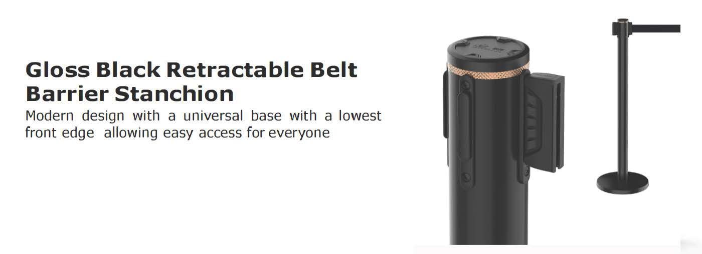 Gloss Black Retractable Belt Barrier Stanchion description image